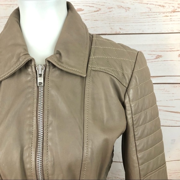 Vintage Cache Taupe Quilted Genuine Leather Beige Belted Moto Jacket - Picture 3 of 11